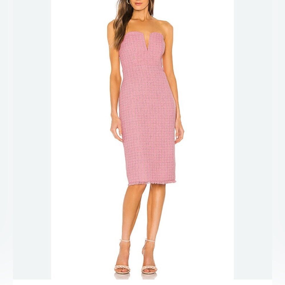 LPA Revolve Bodycon Midi Dress Strapless Pink Tweed‎ Fringe XS Cocktail Preppy
